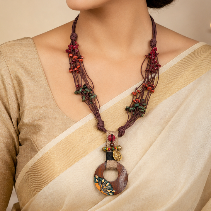 Boho Chic: Maroon Round Pendant  Handcrafted Necklace