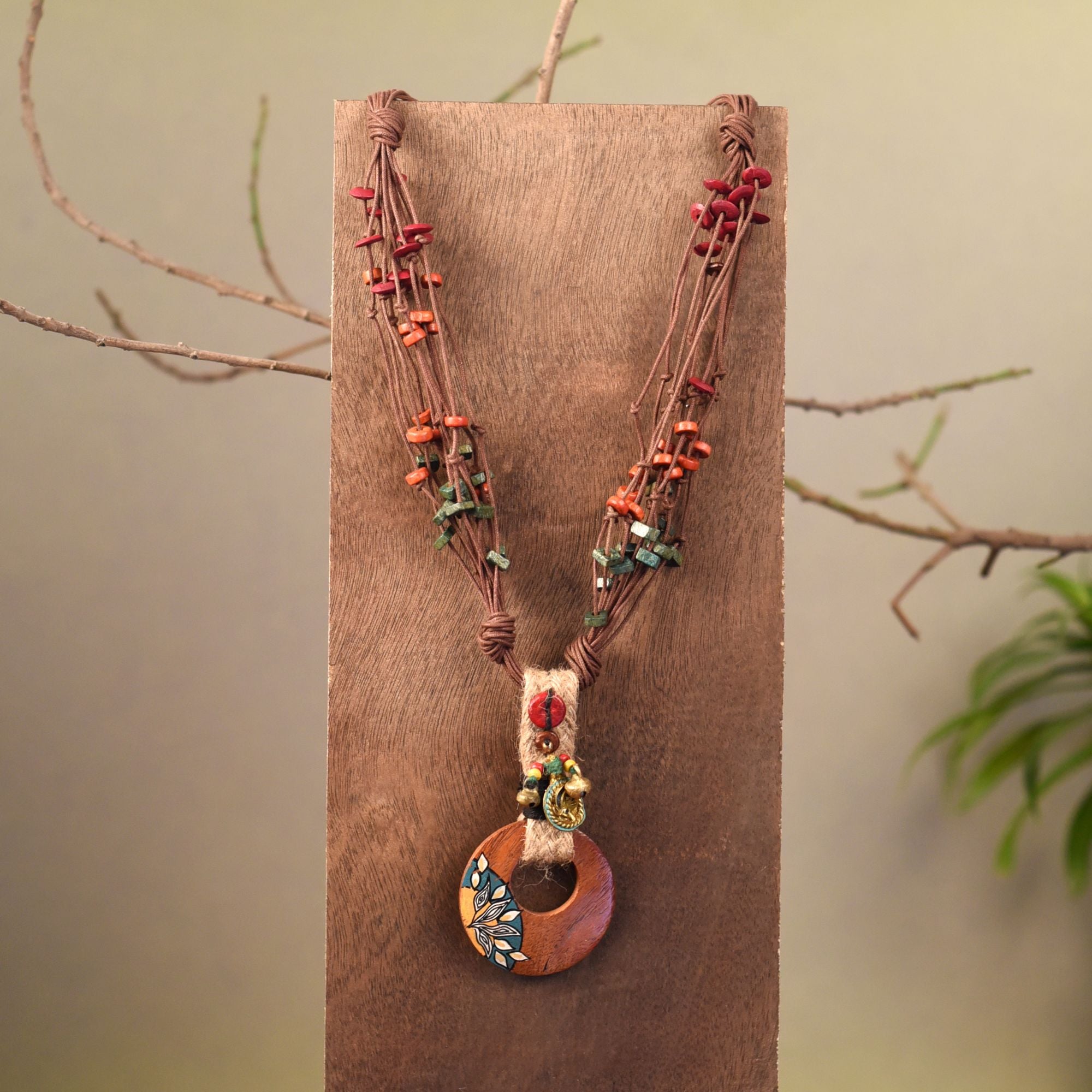 Boho Chic: Maroon Round Pendant  Handcrafted Necklace