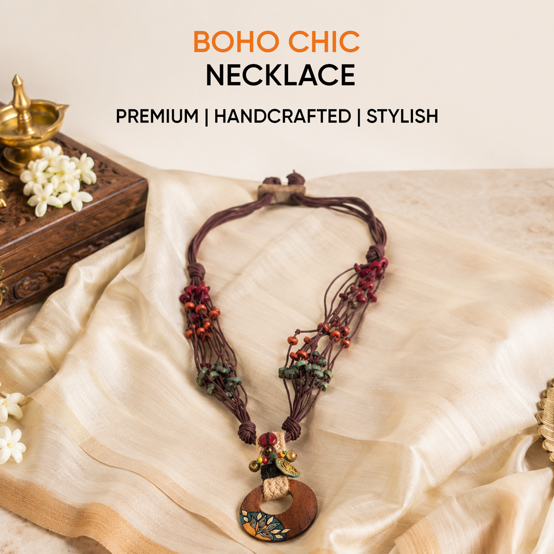 Boho Chic: Maroon Round Pendant  Handcrafted Necklace