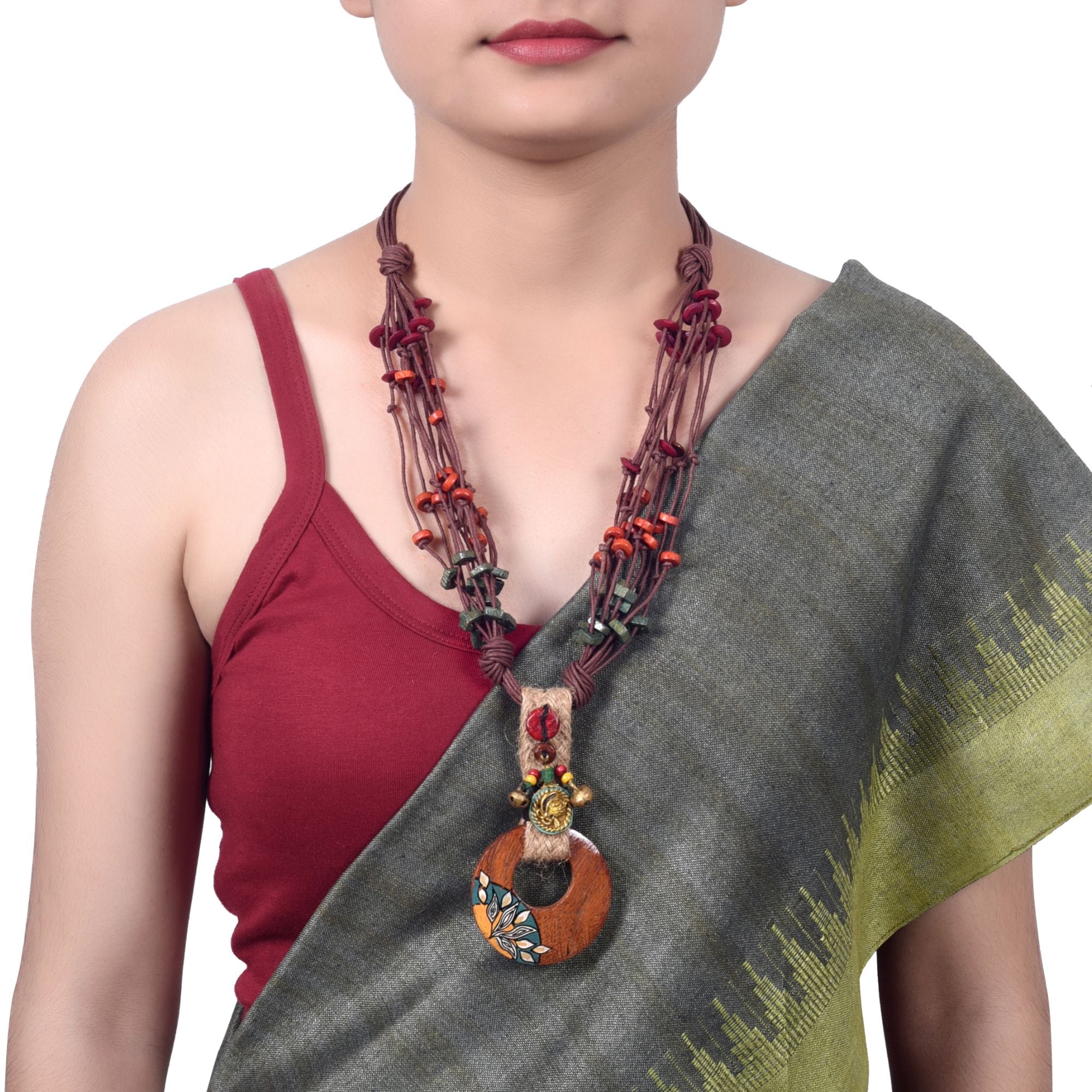 Boho Chic: Maroon Round Pendant  Handcrafted Necklace