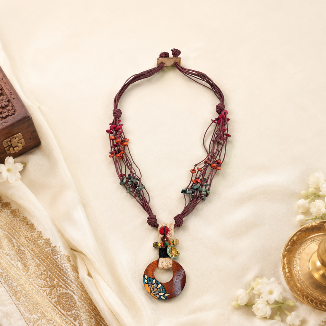 Boho Chic: Maroon Round Pendant  Handcrafted Necklace