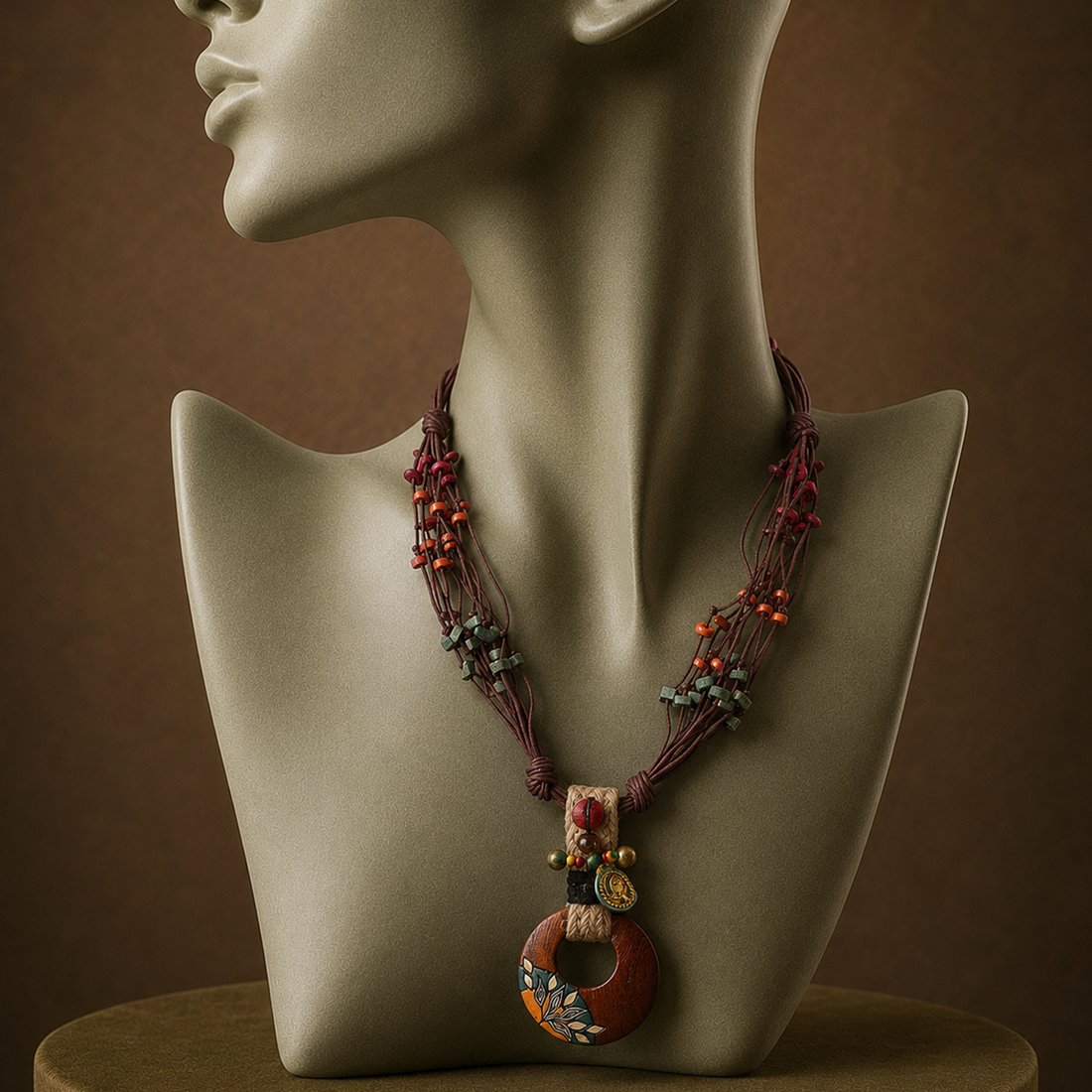 Boho Chic: Maroon Round Pendant  Handcrafted Necklace