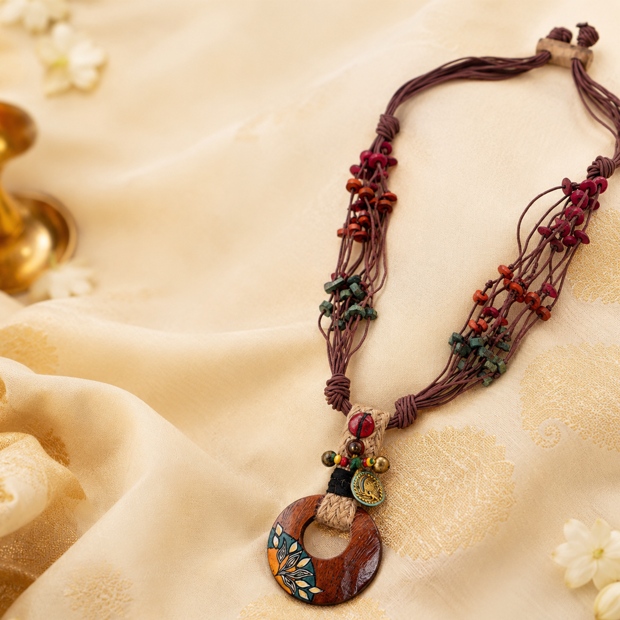Boho Chic: Maroon Round Pendant  Handcrafted Necklace