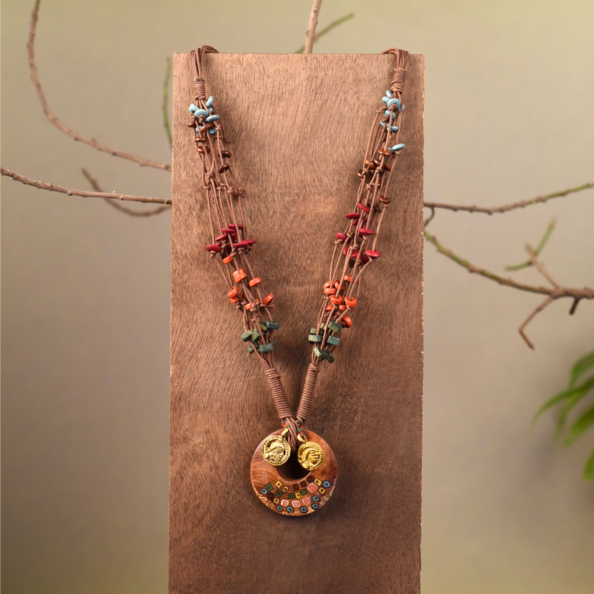 Controlled Chaos: Handcrafted Wooden Loop Necklace in Maroon