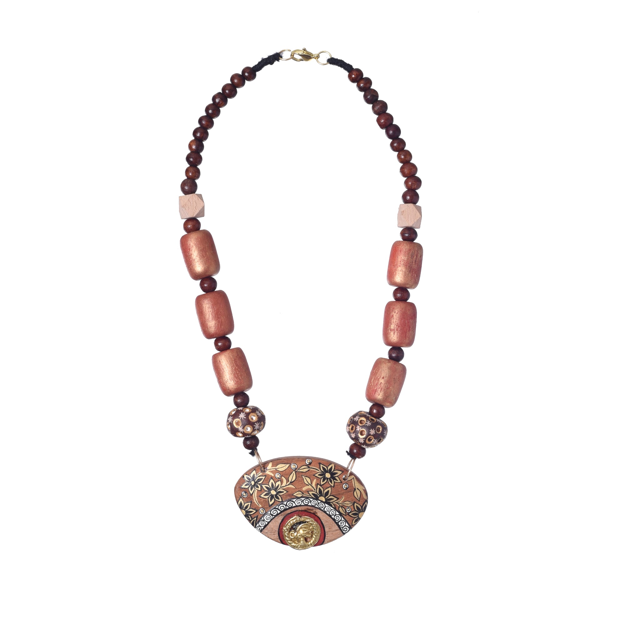 Brass Charm Floral Wood Necklace