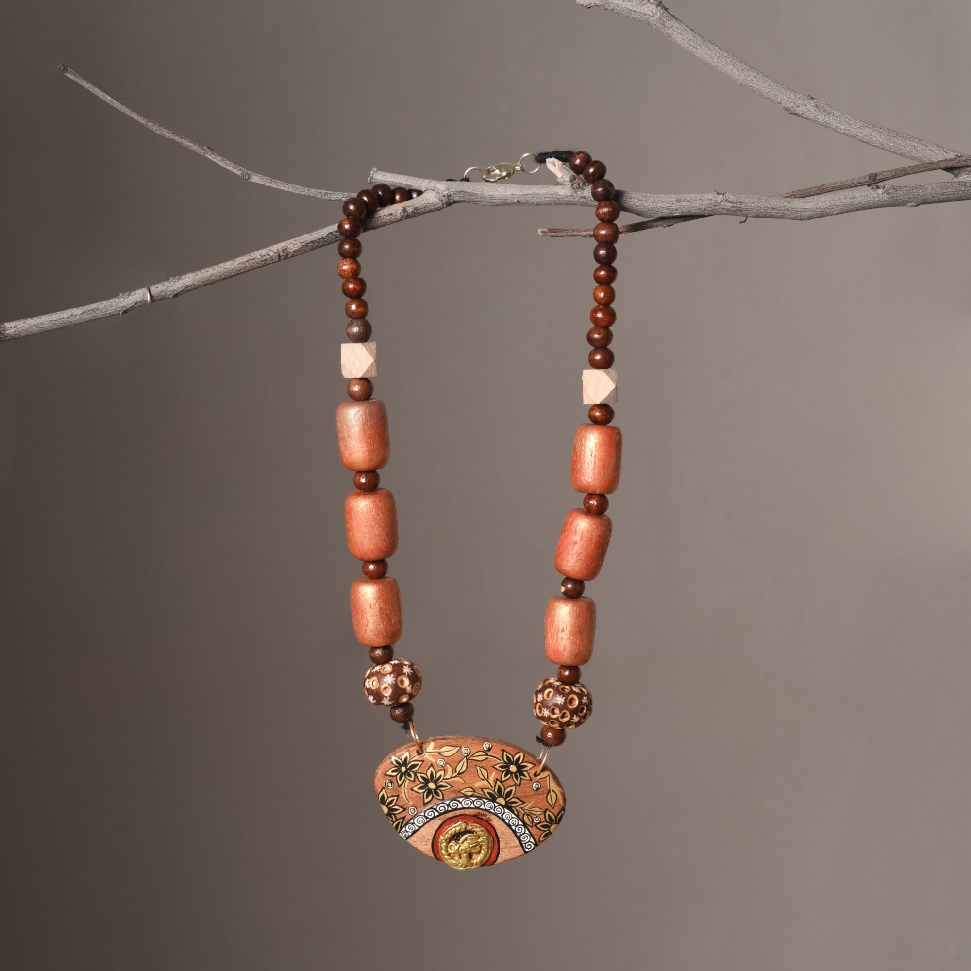 Brass Charm Floral Wood Necklace