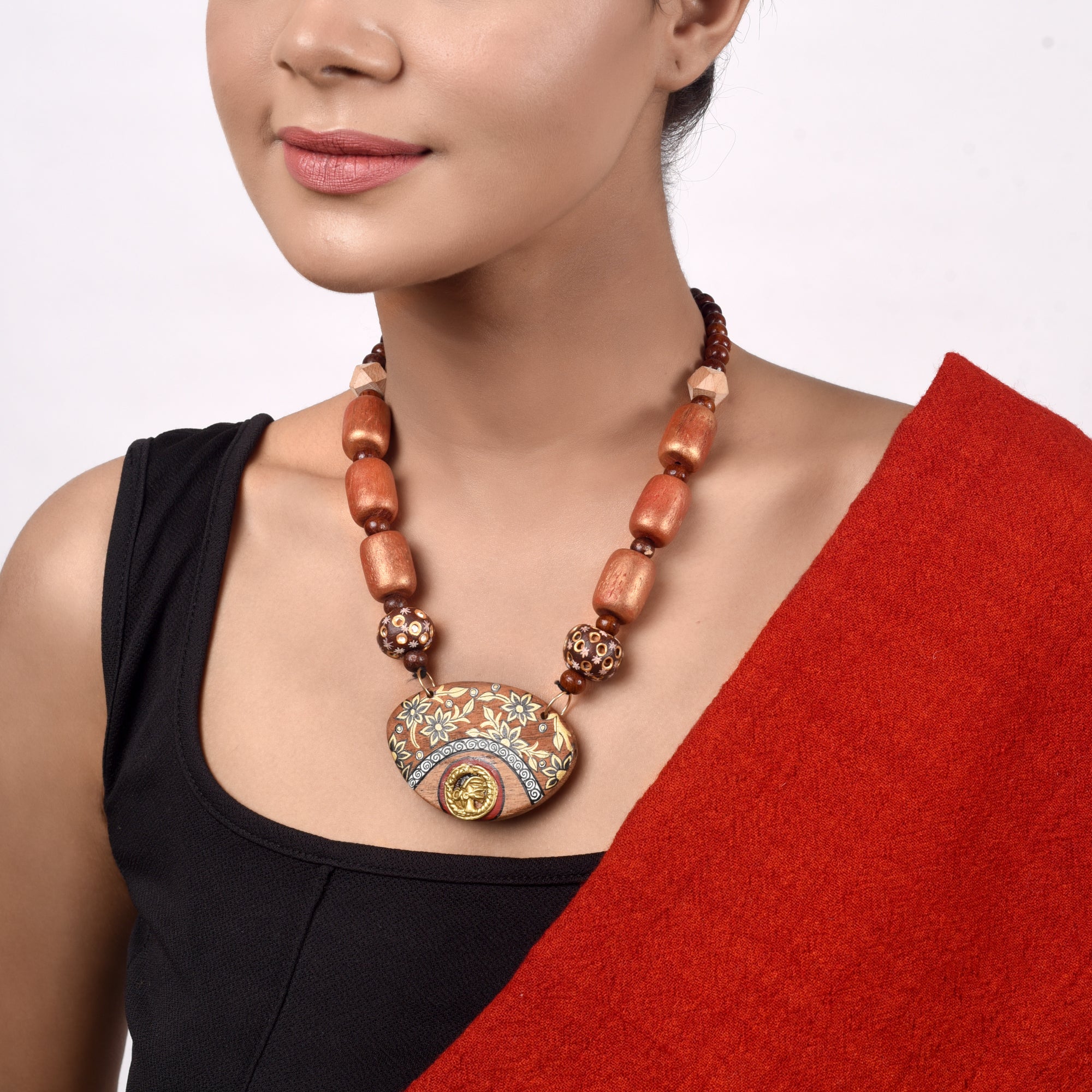 Brass Charm Floral Wood Necklace