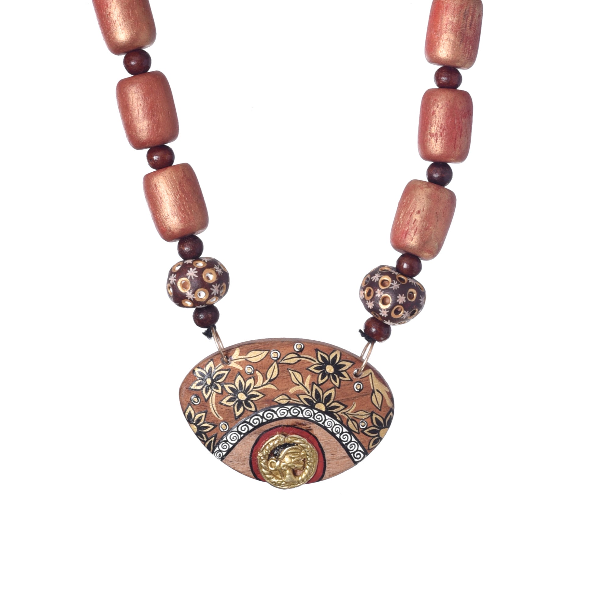 Brass Charm Floral Wood Necklace