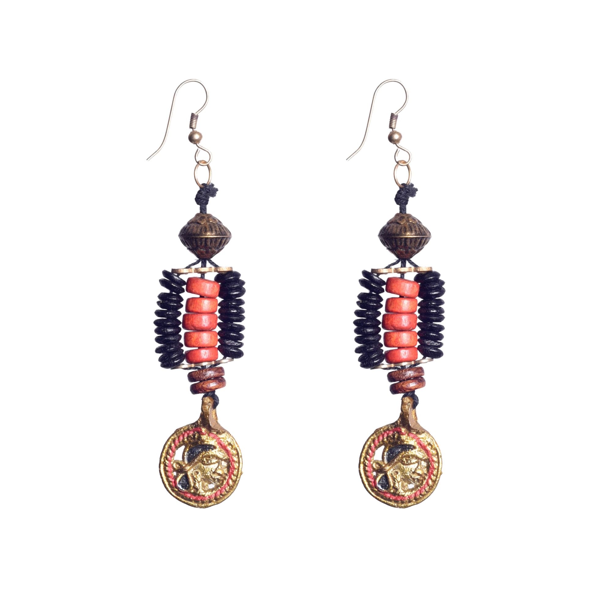 Boho Beauty: Handcrafted Wooden Beaded Earrings with Hanging Brass