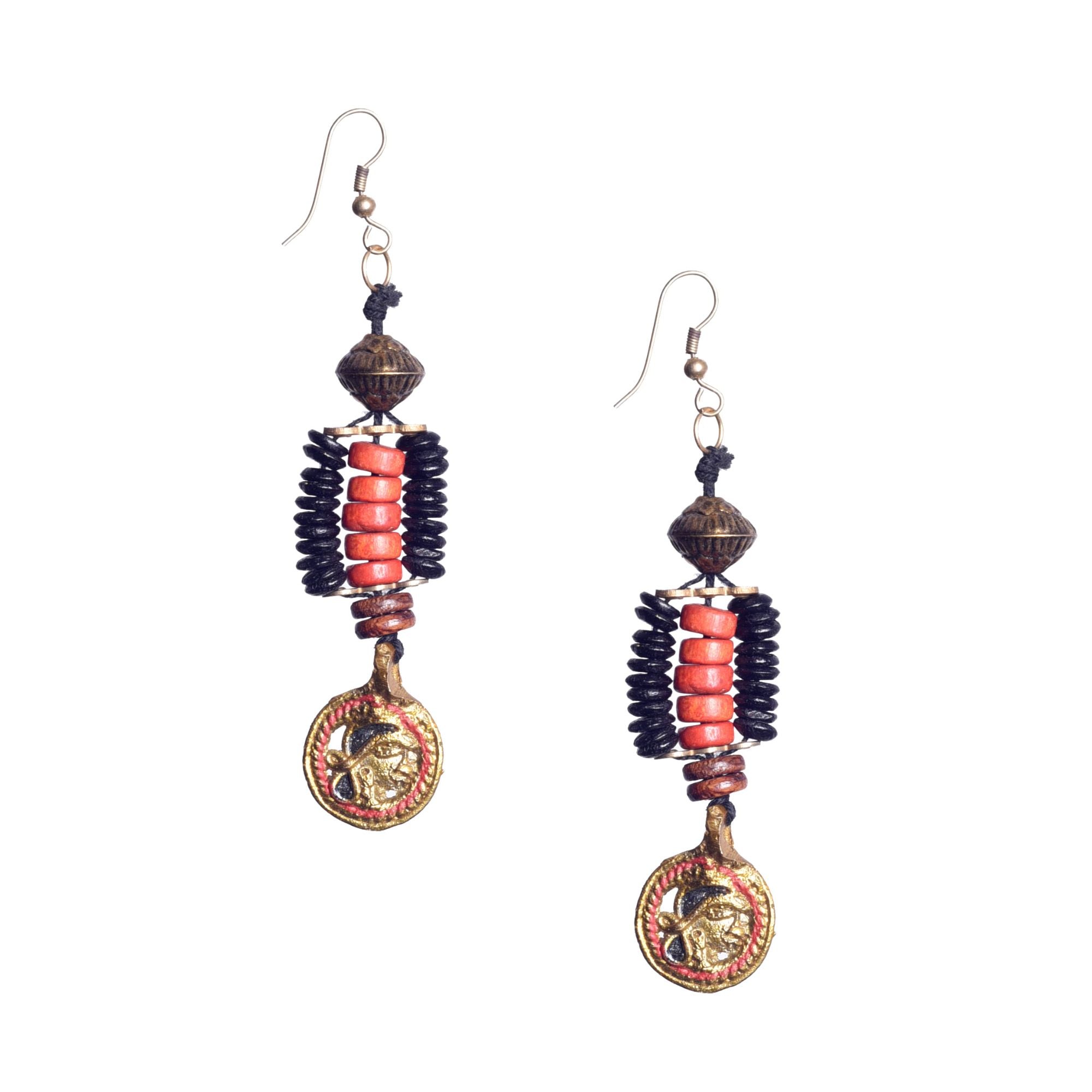 Boho Beauty: Handcrafted Wooden Beaded Earrings with Hanging Brass