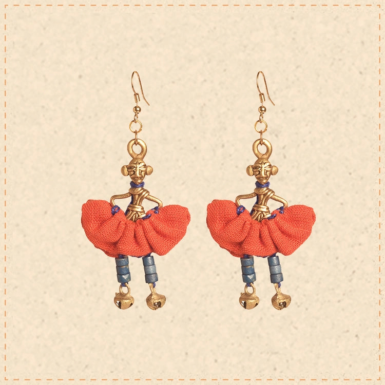 The Dancing Empress Handcrafted Tribal Dhokra Earrings in Garnet Red