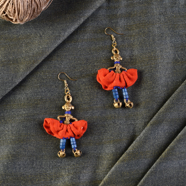 The Dancing Empress Handcrafted Tribal Dhokra Earrings in Sunset Orange