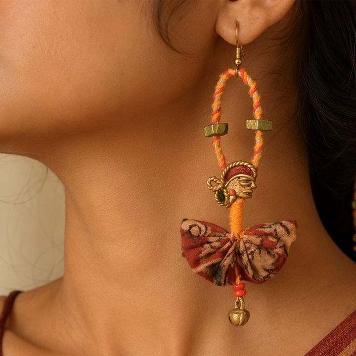 The Empress Handcrafted Tribal Dhokra Earrings in Red Floral Design