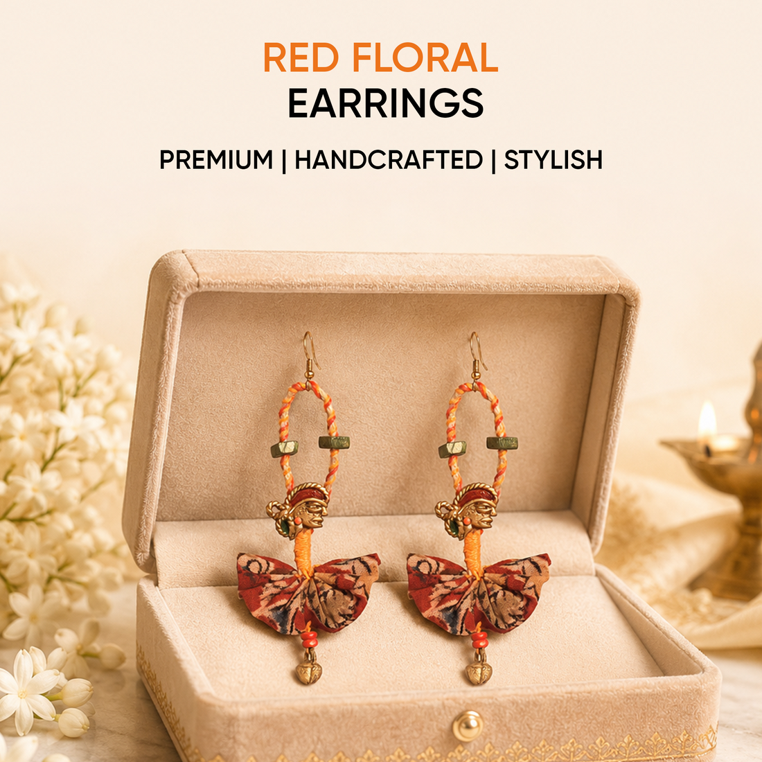 The Empress Handcrafted Tribal Dhokra Earrings in Red Floral Design