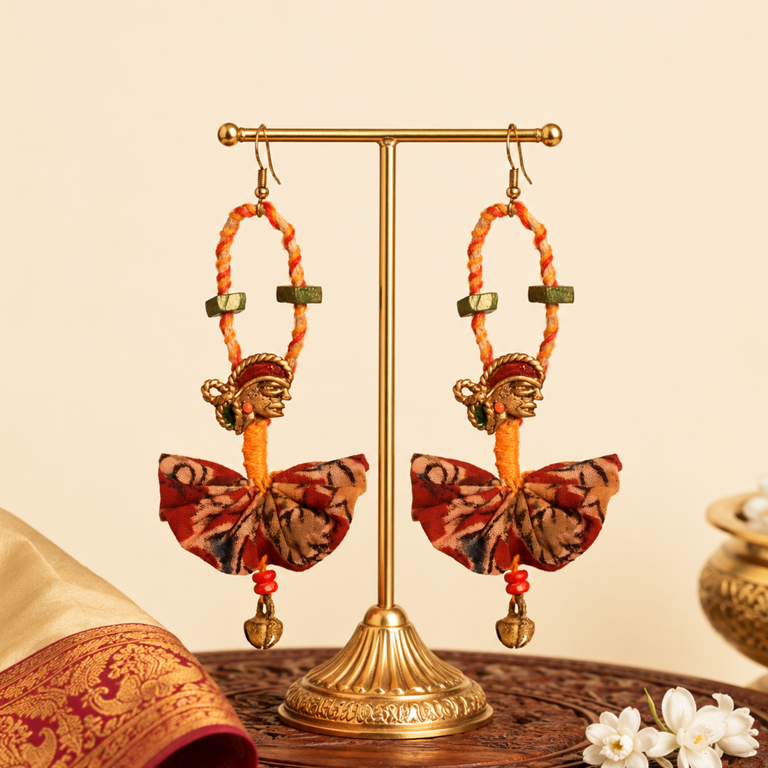 The Empress Handcrafted Tribal Dhokra Earrings in Red Floral Design