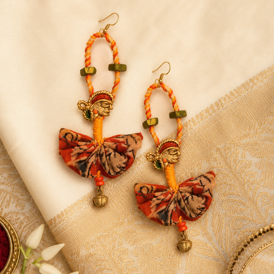 The Empress Handcrafted Tribal Dhokra Earrings in Red Floral Design