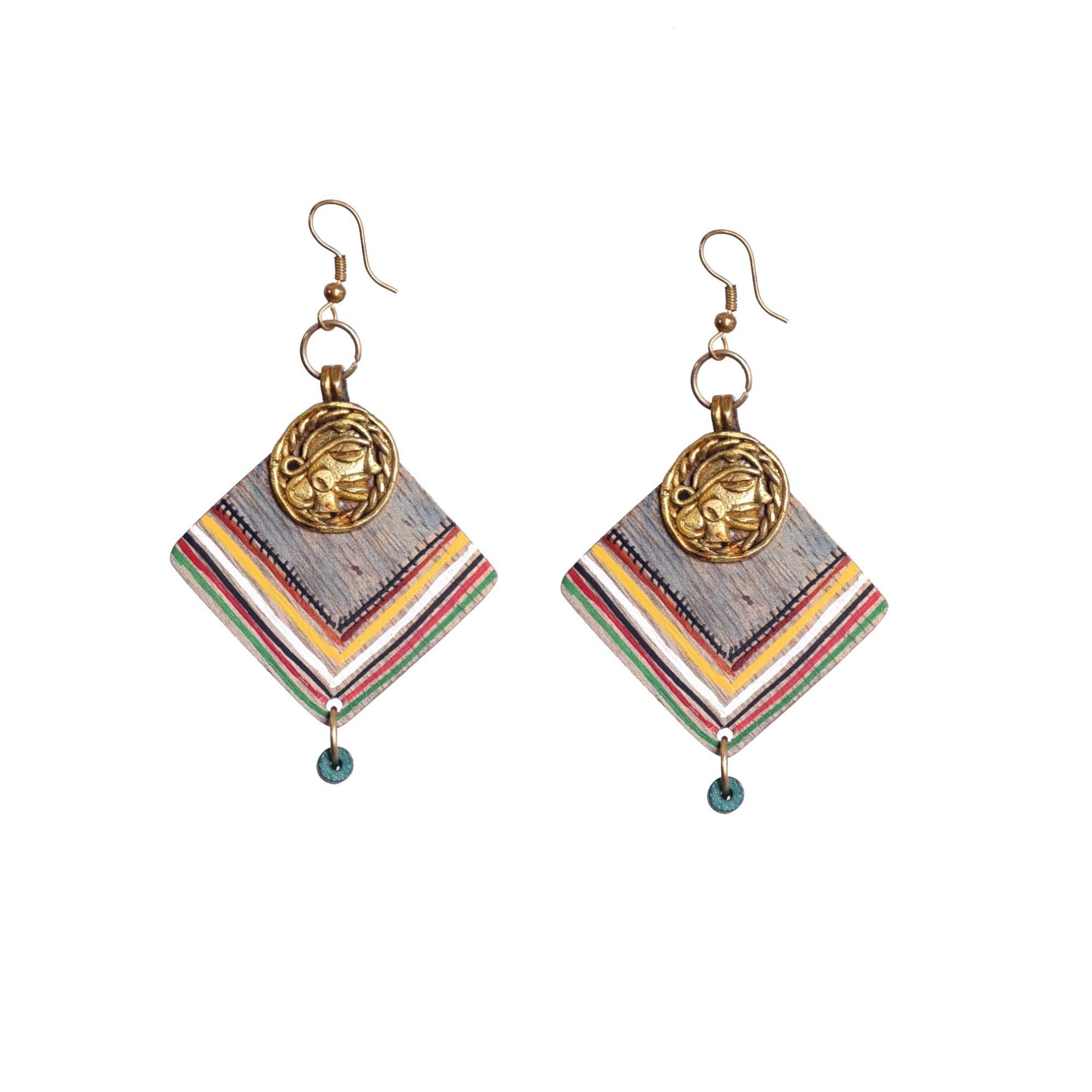 Boho Chic: Handcrafted Wooden Earrings with Brass Motifs