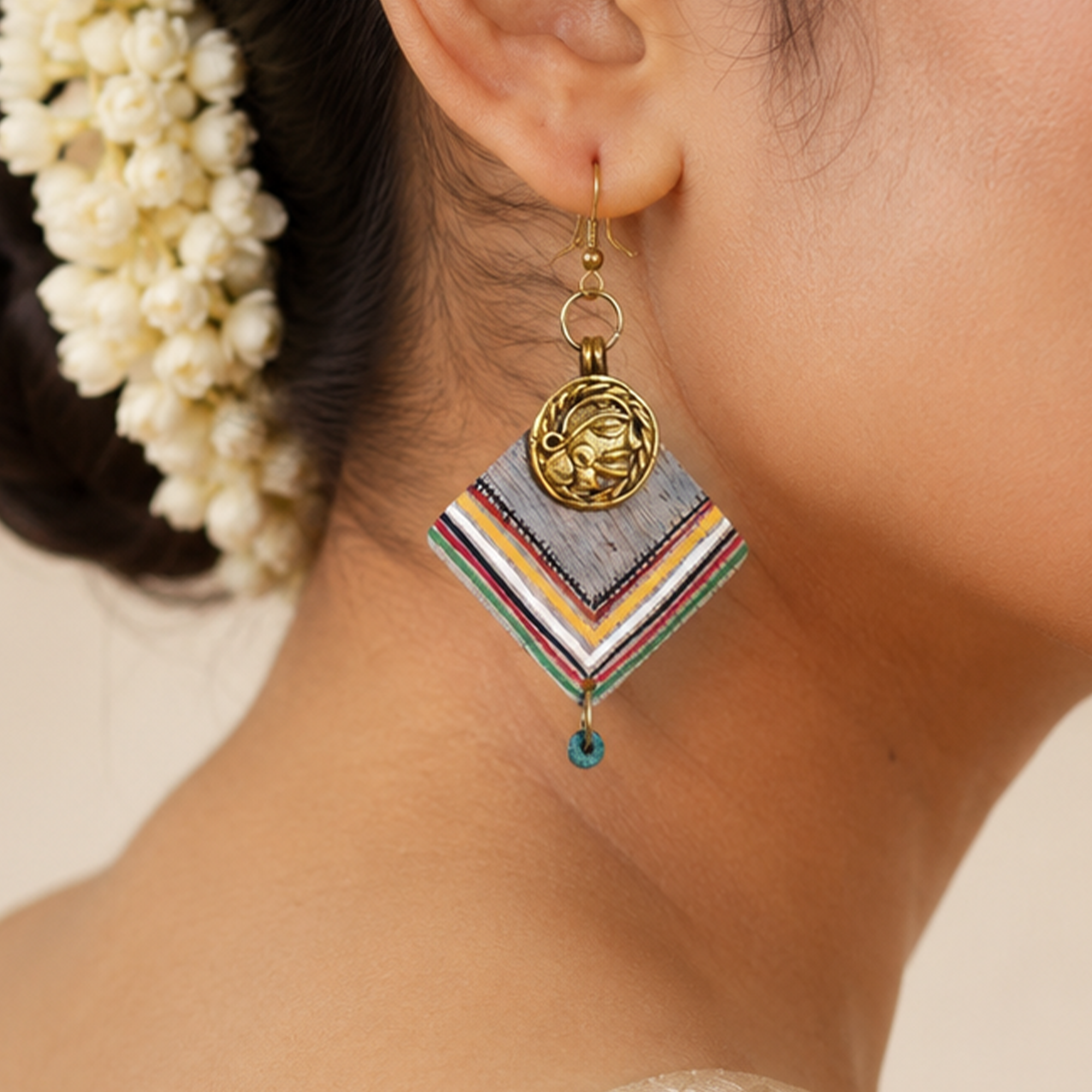 Boho Chic: Handcrafted Wooden Earrings with Brass Motifs