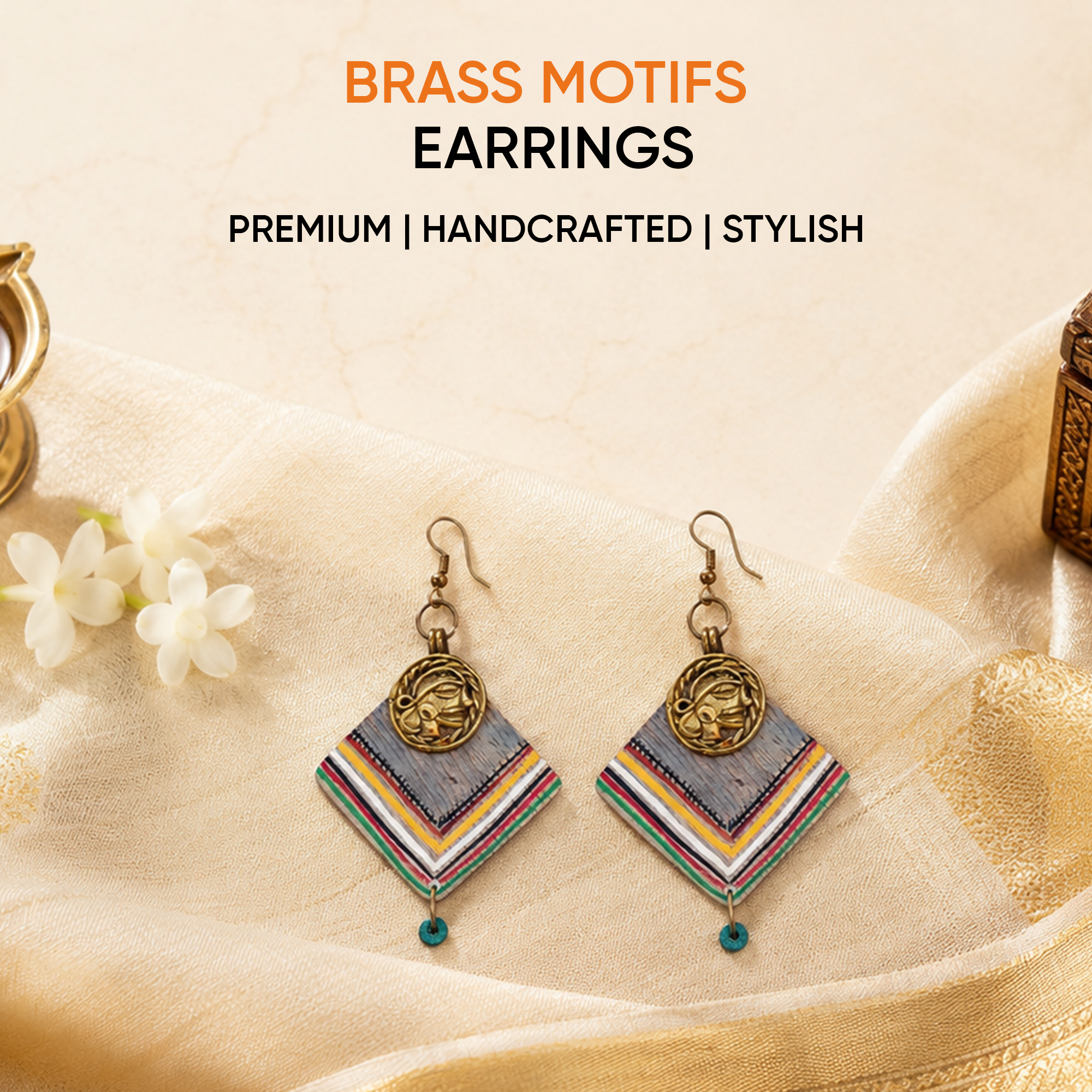 Boho Chic: Handcrafted Wooden Earrings with Brass Motifs