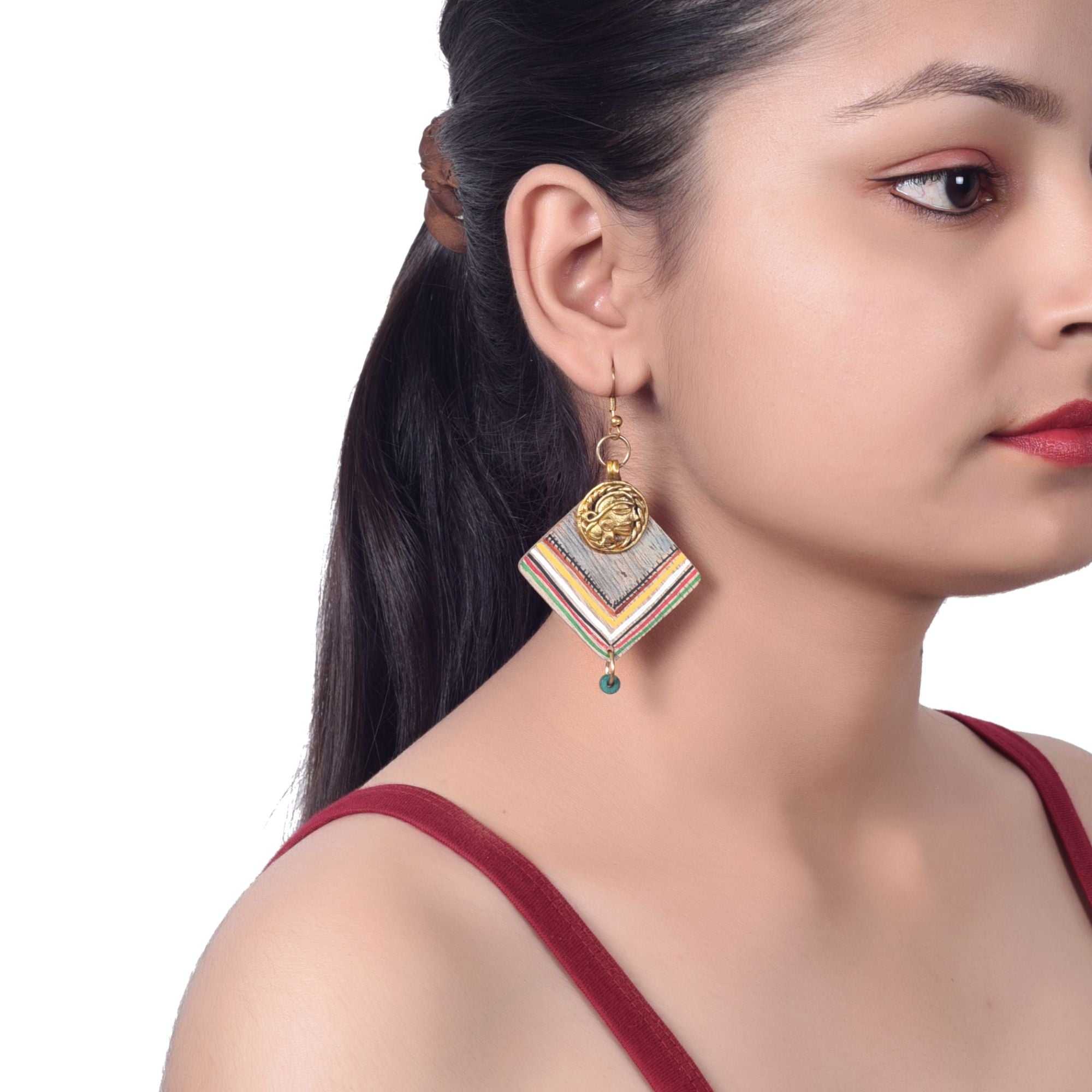 Boho Chic: Handcrafted Wooden Earrings with Brass Motifs
