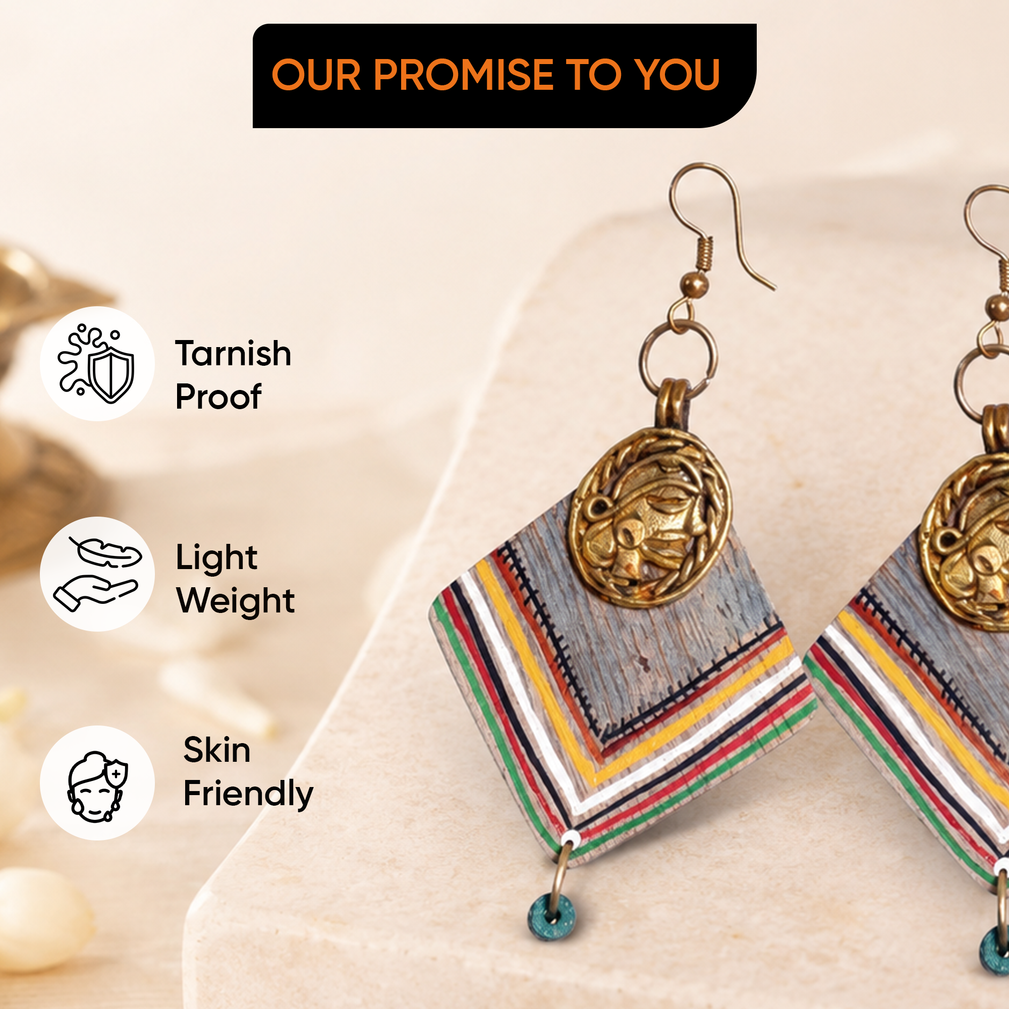 Boho Chic: Handcrafted Wooden Earrings with Brass Motifs