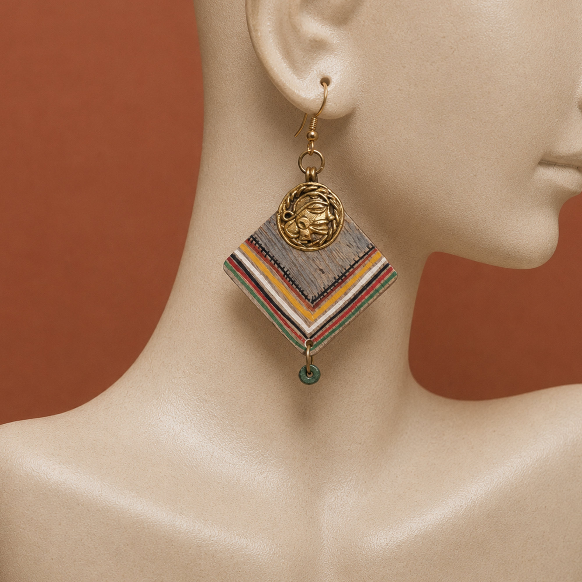 Boho Chic: Handcrafted Wooden Earrings with Brass Motifs