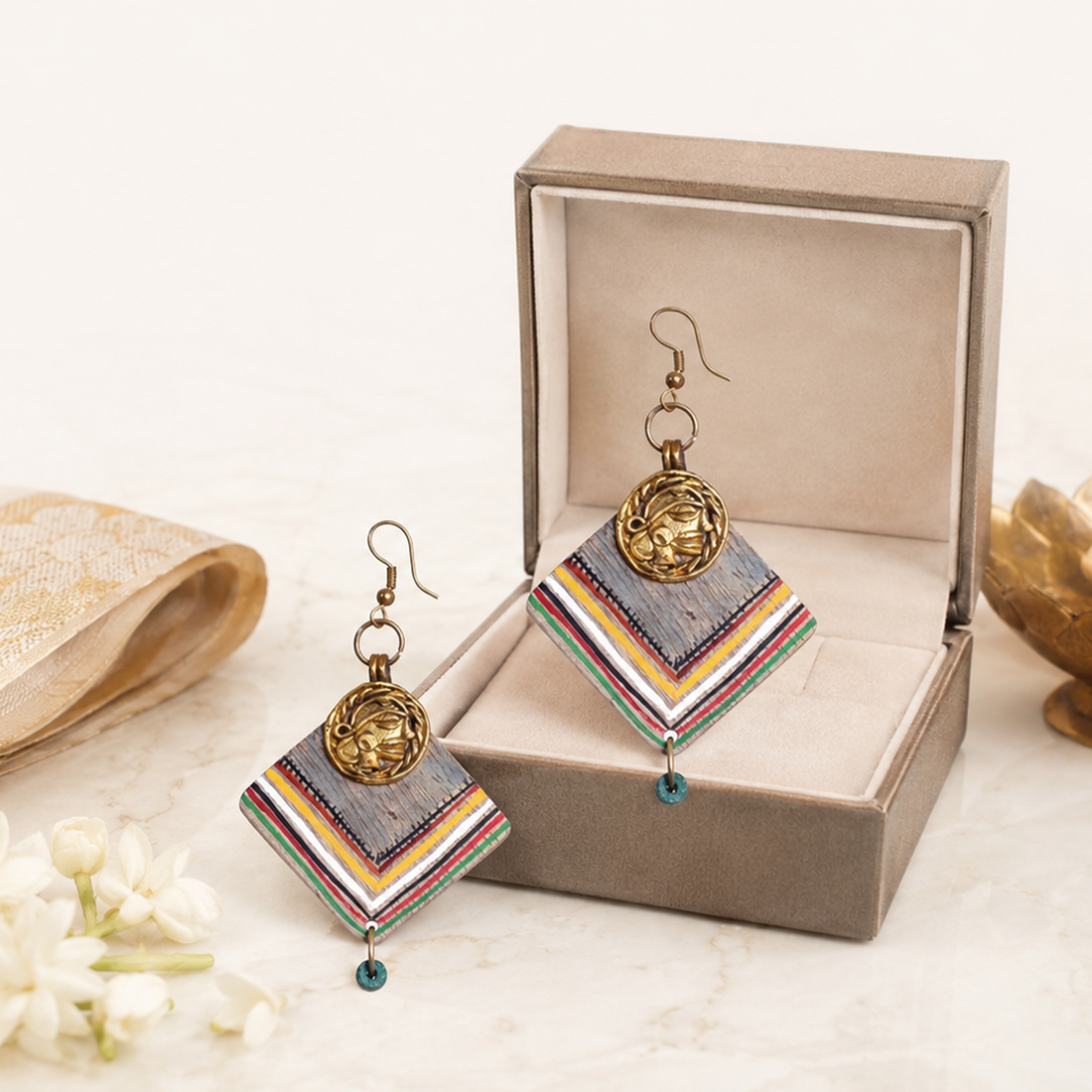 Boho Chic: Handcrafted Wooden Earrings with Brass Motifs