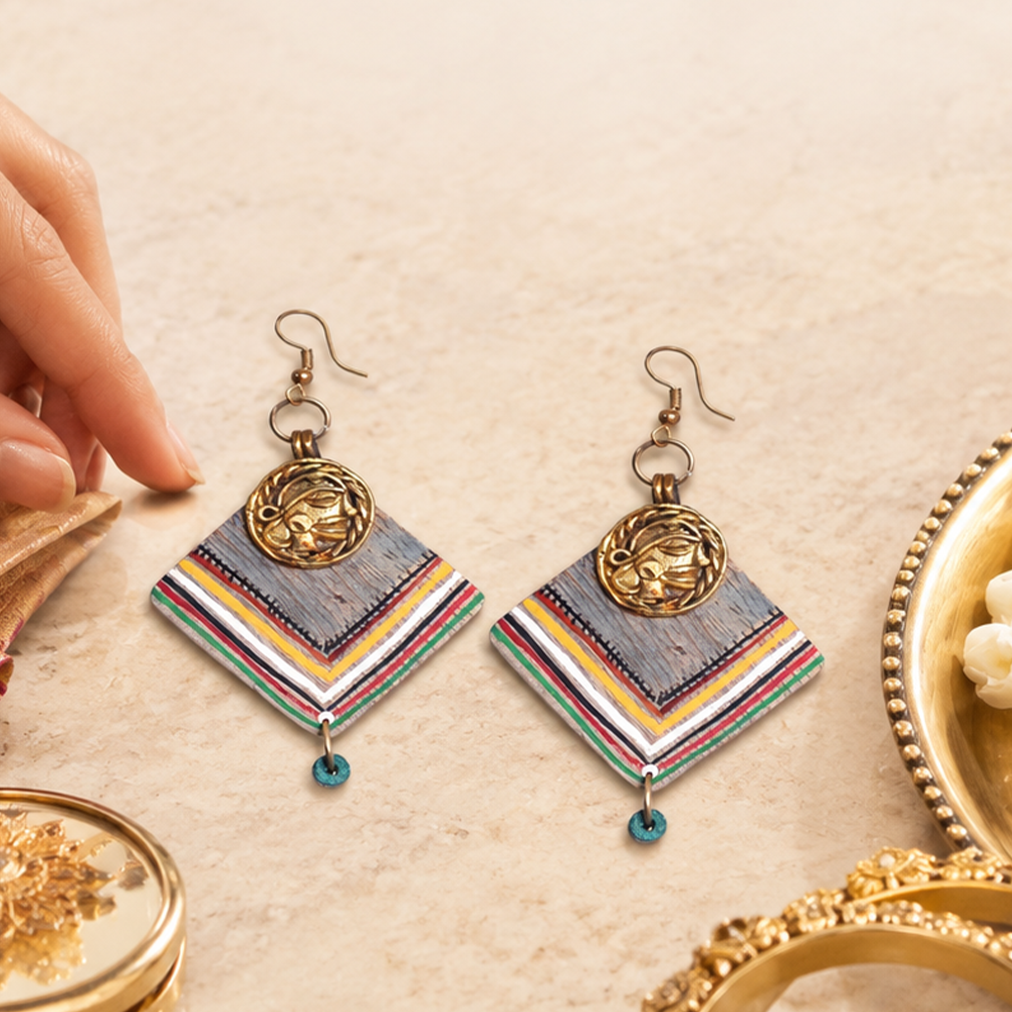 Boho Chic: Handcrafted Wooden Earrings with Brass Motifs