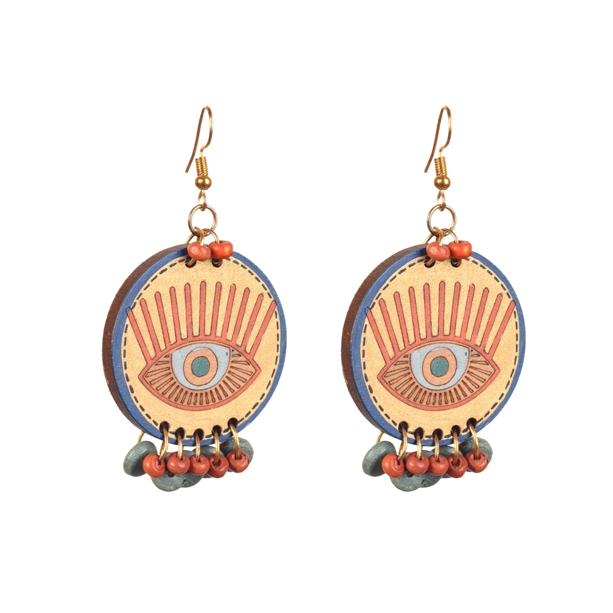 Evil Eye-III' Handcrafted Tribal Wooden Earrings