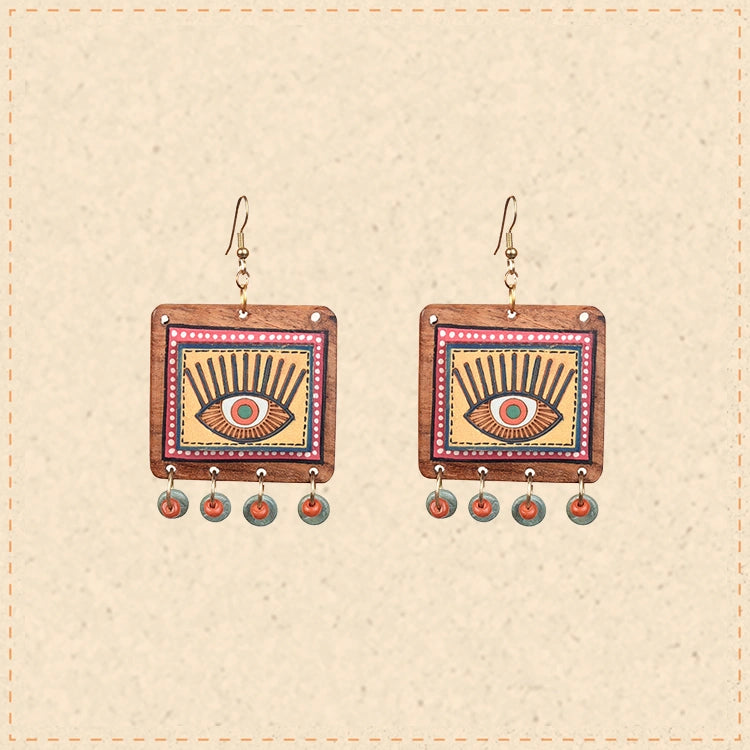 Evil Eye-V' Handcrafted Tribal Wooden Earrings