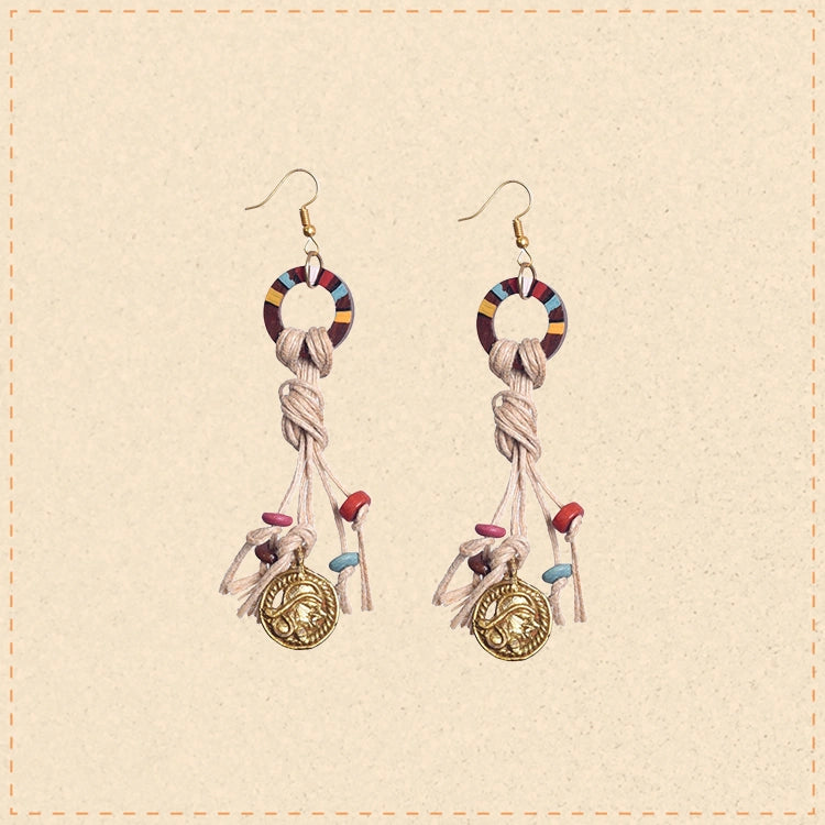 Rustic Loops: Handcrafted Wooden Earrings with Intricate Brass Figures
