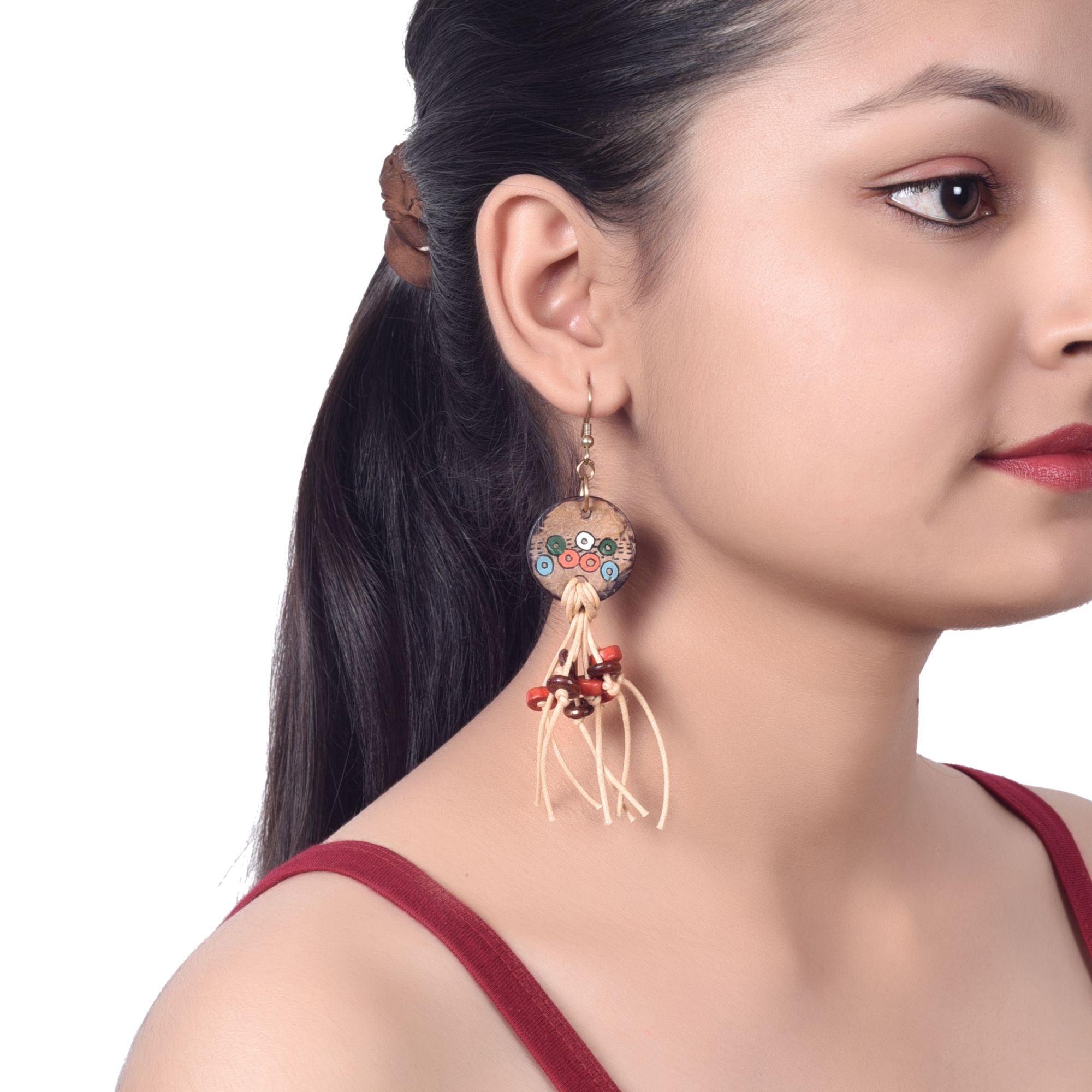 Rustic Loops: Handcrafted Wooden Earrings with Falling Strings