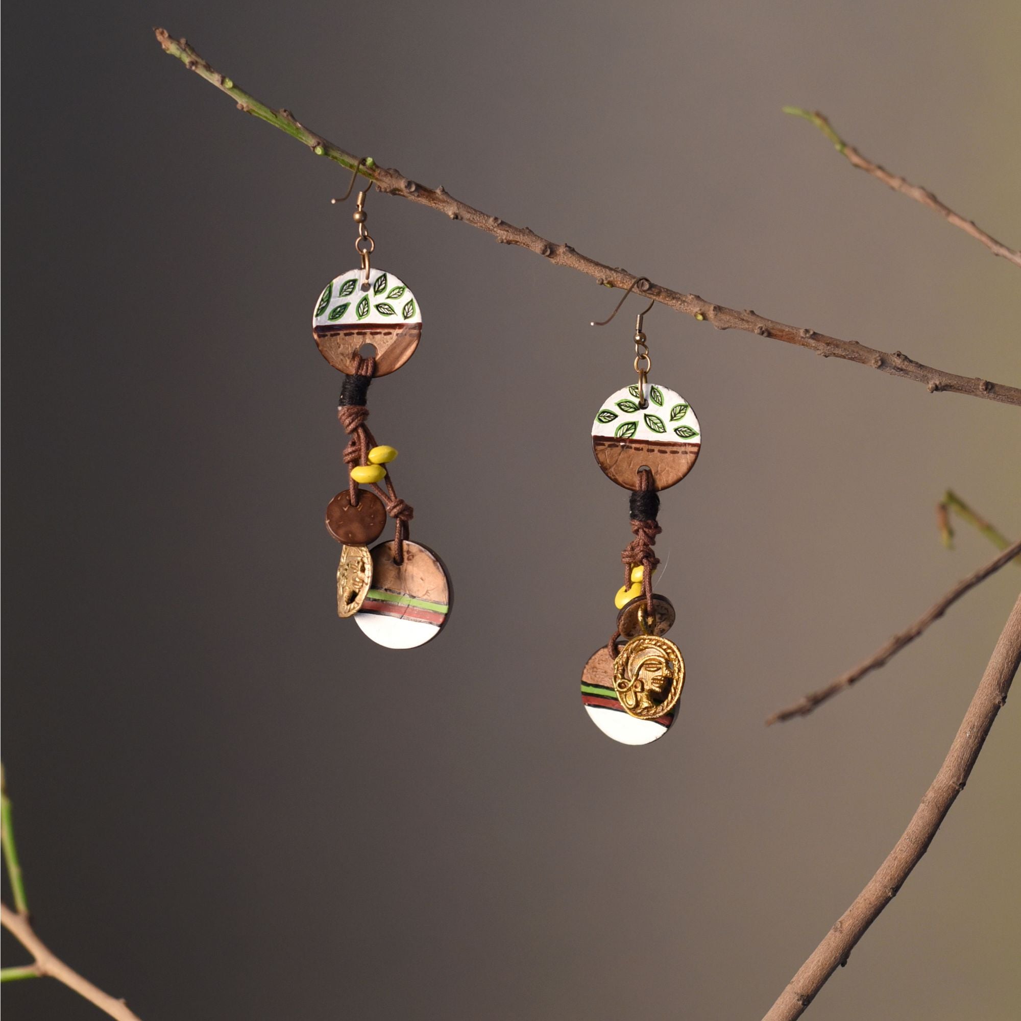 Boho Chic: Hanging Brass Wooden Earrings with Leaf Designs