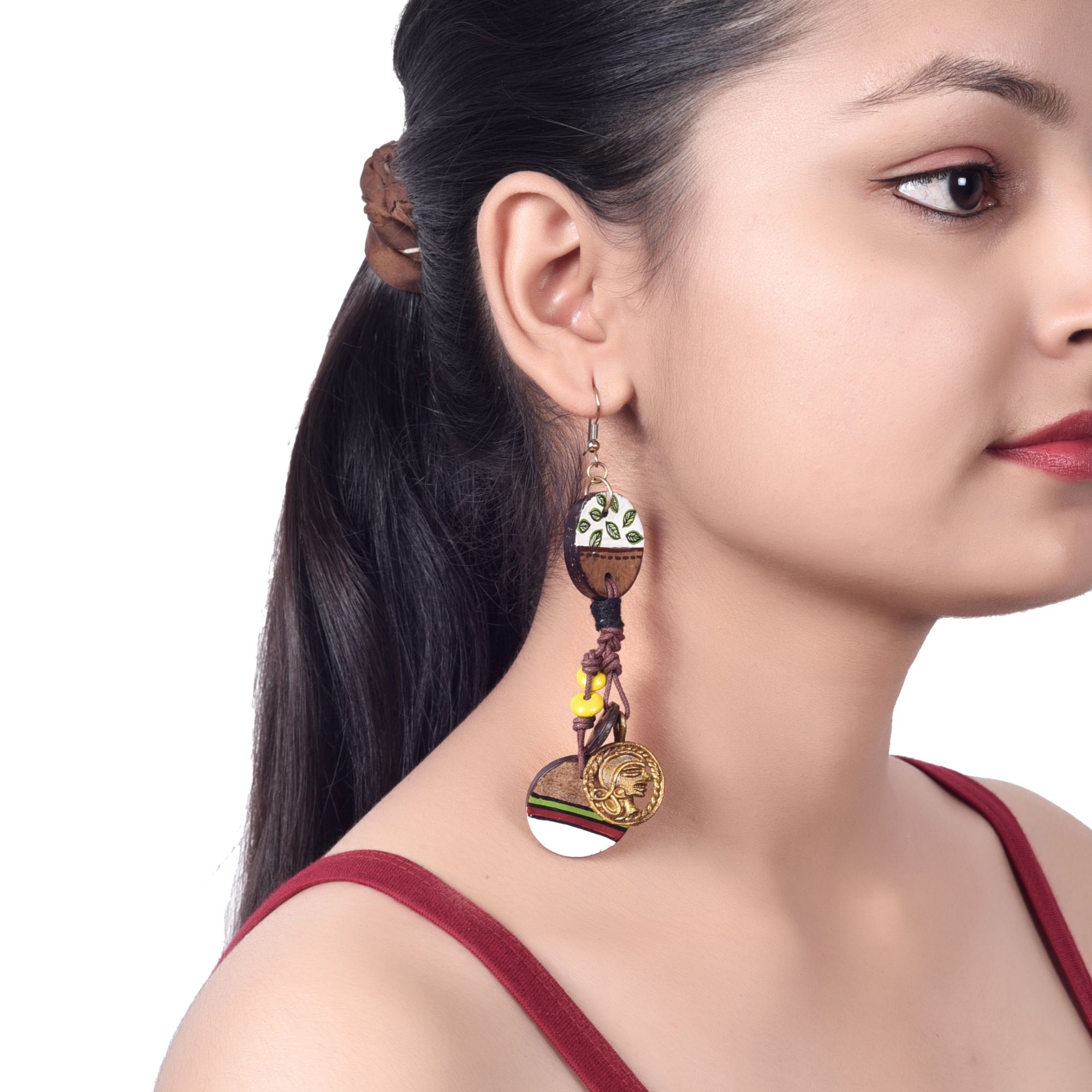 Boho Chic: Hanging Brass Wooden Earrings with Leaf Designs