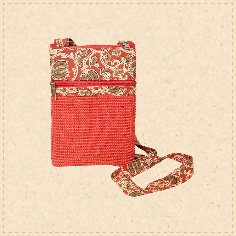 Kalamkari Red Sling Bag in Structered Jute Fabric