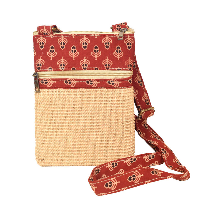 Kalamkari Tan Sling Bag in Structered Jute Fabric