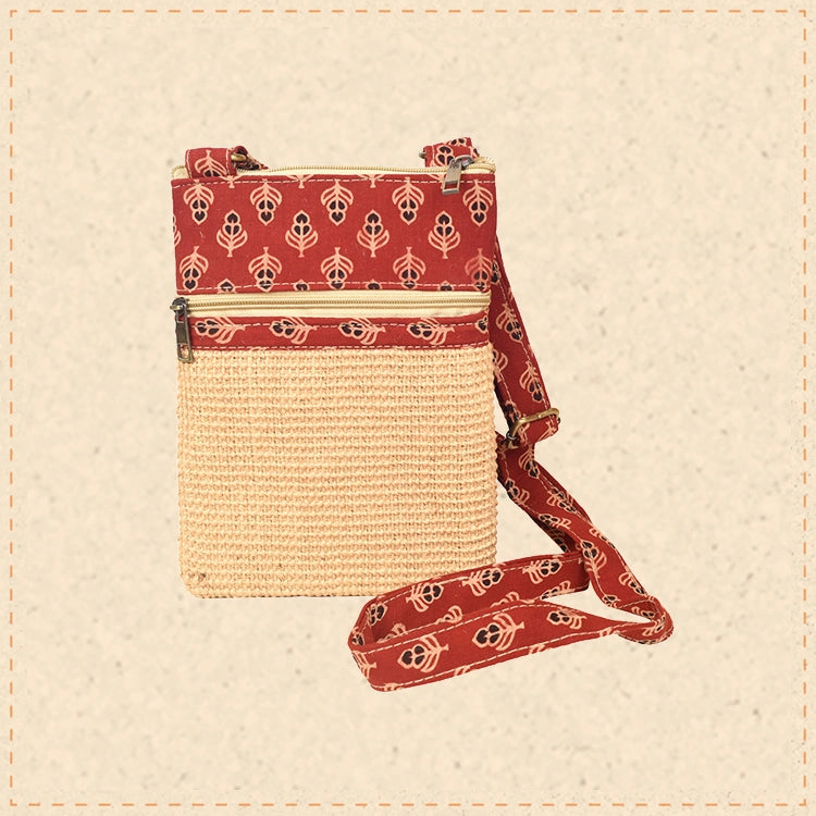 Kalamkari Tan Sling Bag in Structered Jute Fabric