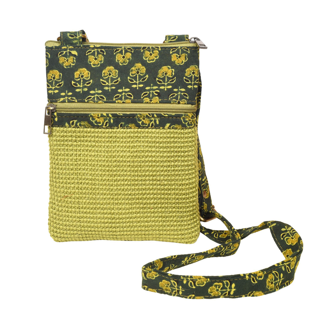 Kalamkari Green Sling Bag in Structered Jute Fabric