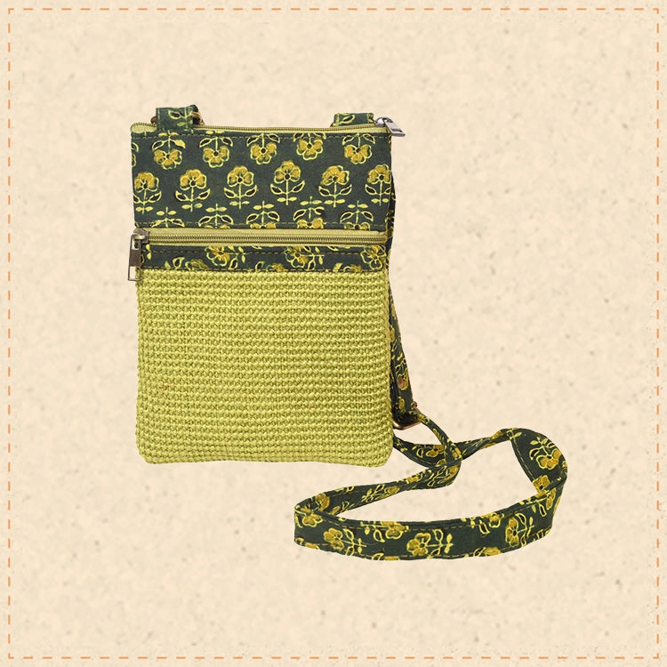 Kalamkari Green Sling Bag in Structered Jute Fabric