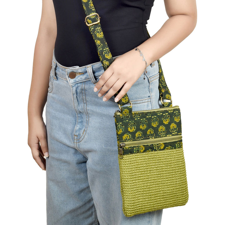 Kalamkari Green Sling Bag in Structered Jute Fabric