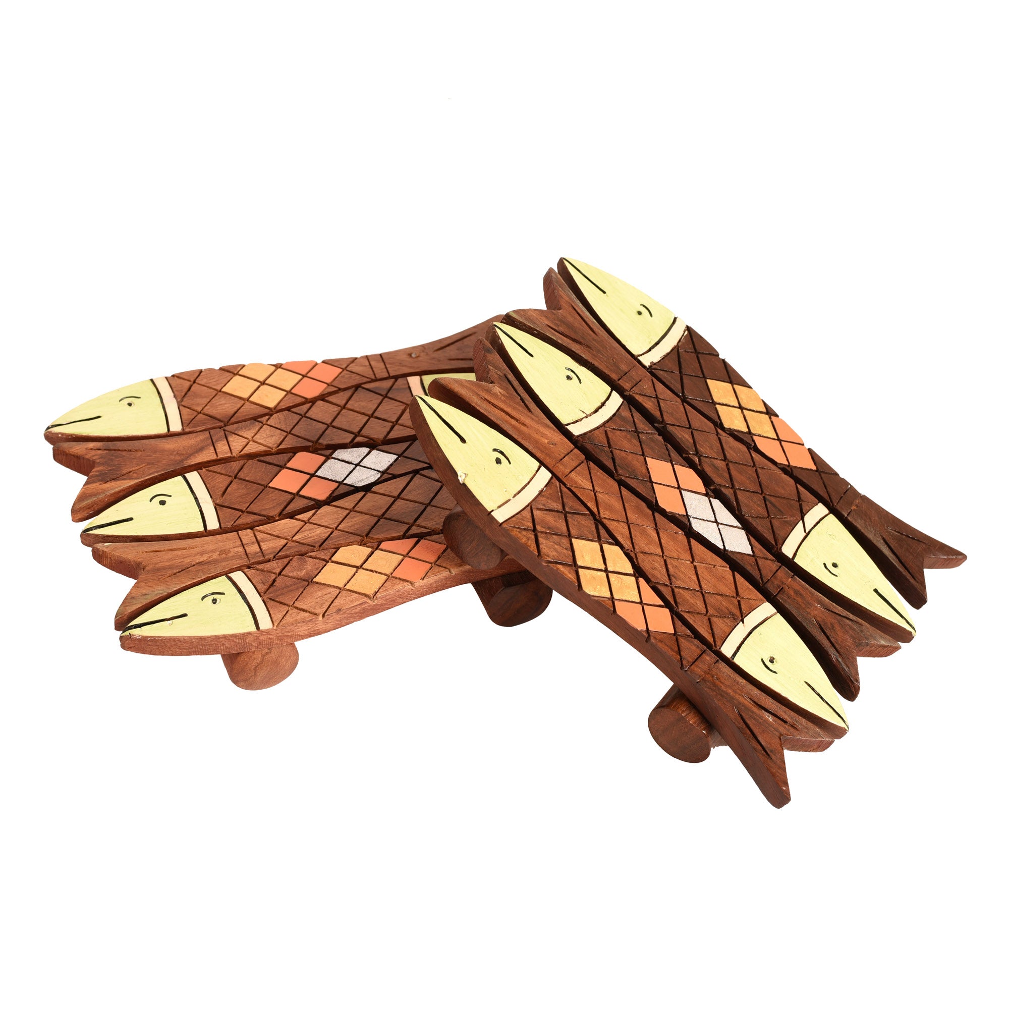 Coaster Wooden Handcrafted Fish Small with Tribal Art (Set of 2) (5x4")