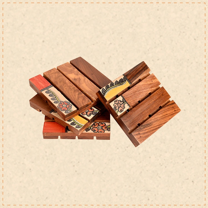Coaster Wooden Handcrafted with Tribal Art (Set of 4) (4x4")