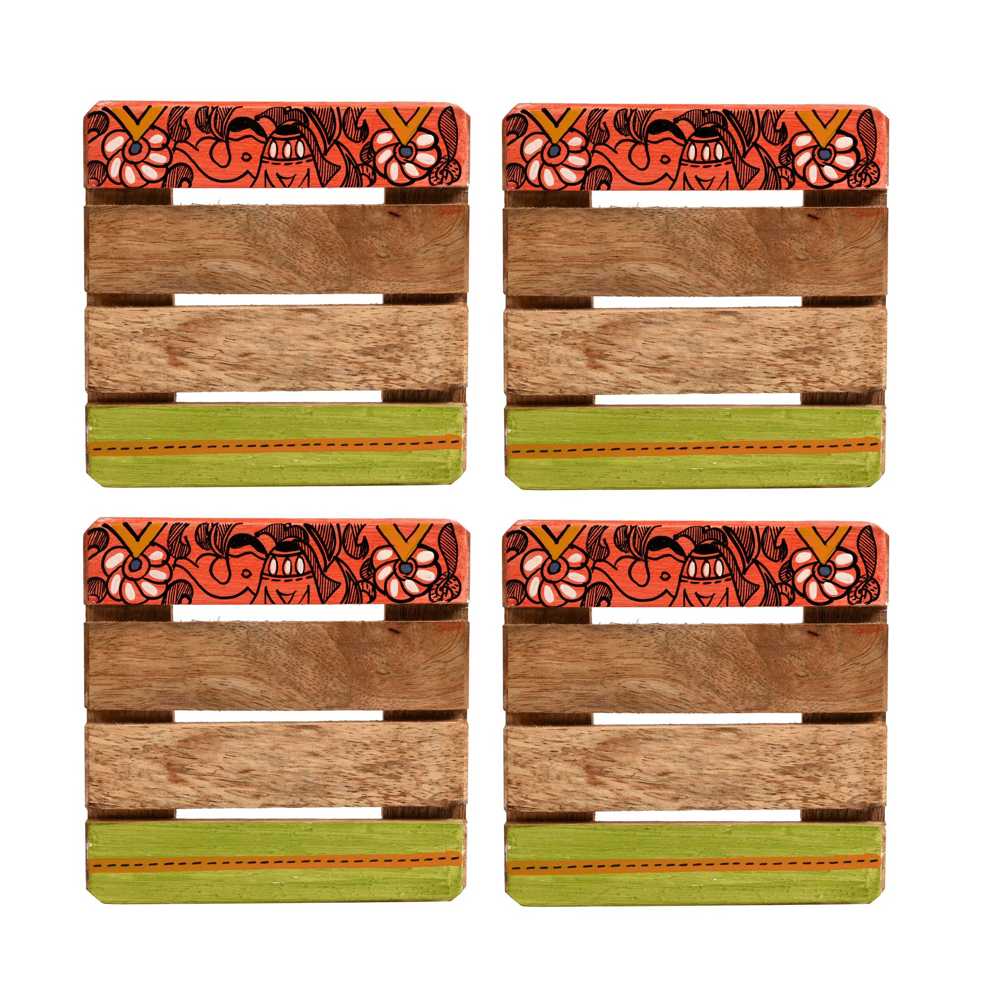 Coaster Sq Mangowood Handcrafted with Madhubani Art (Set of 4) (4x4")