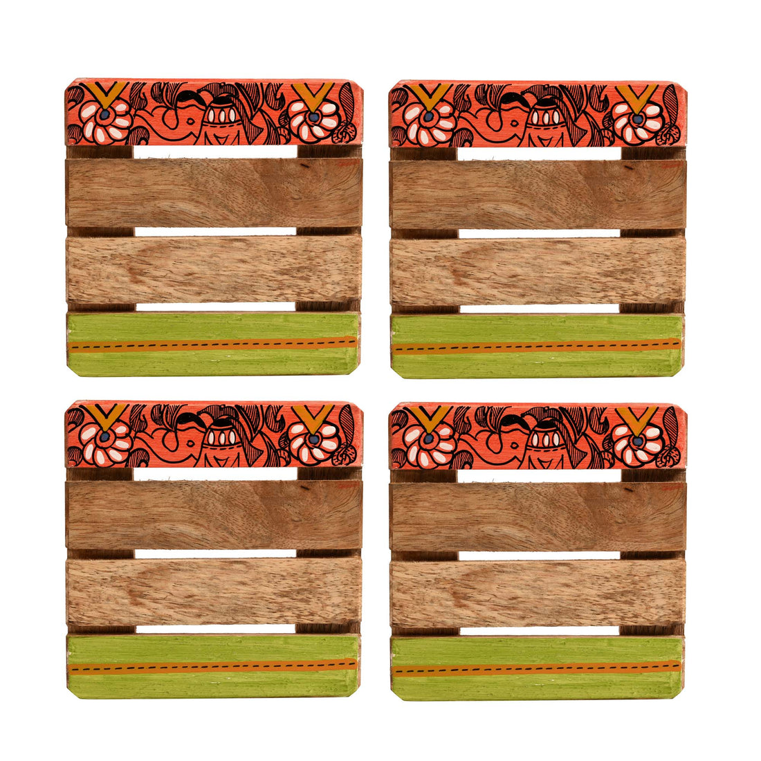 Coaster Sq Mangowood Handcrafted with Madhubani Art (Set of 4) (4x4")