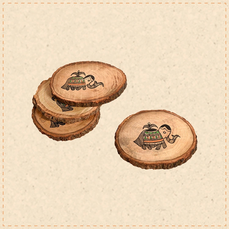 Coaster Round Wooden Handcrafted with Tribal Art (Set of 4) (4x4")