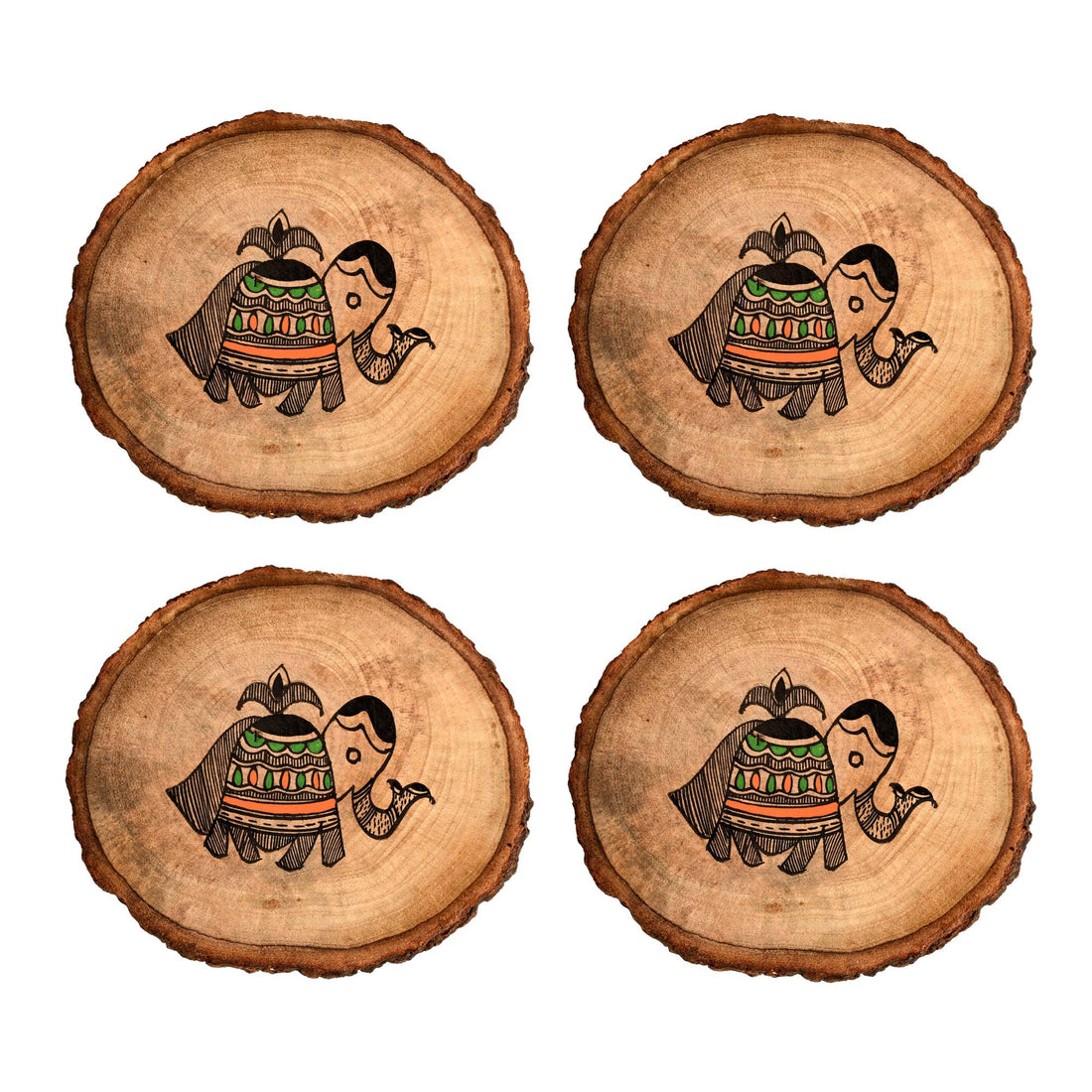 Coaster Round Wooden Handcrafted with Tribal Art (Set of 4) (4x4")