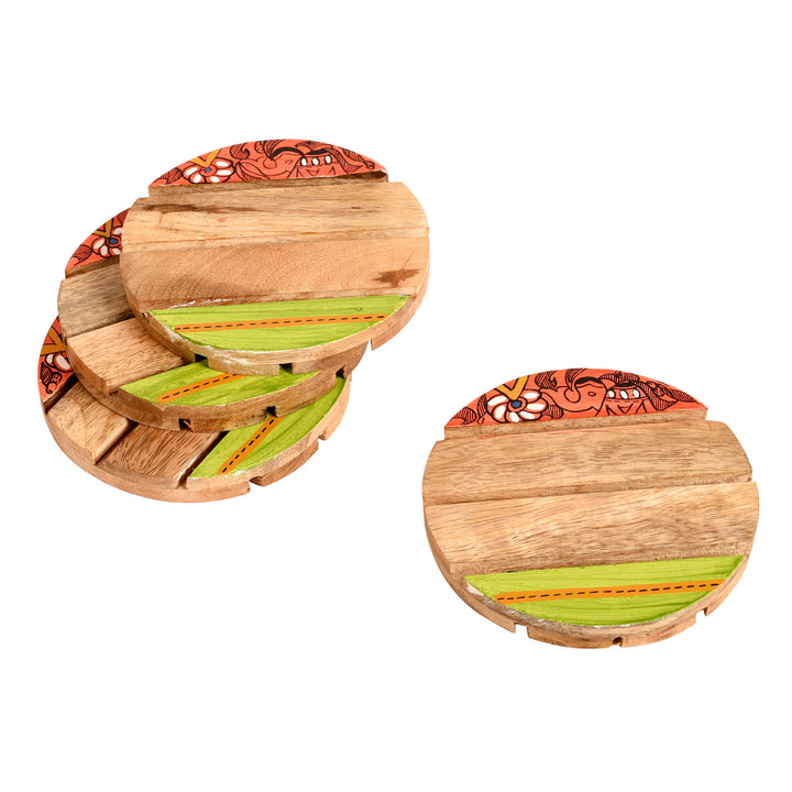 Coaster Round Wooden Handcrafted with Madhubani Art (Set of 4) (4x4")