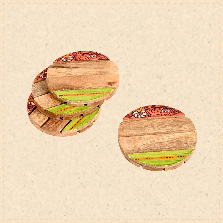 Coaster Round Wooden Handcrafted with Madhubani Art (Set of 4) (4x4")