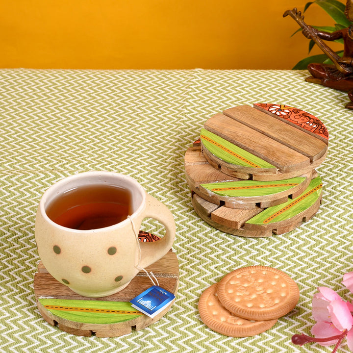 Coaster Round Wooden Handcrafted with Madhubani Art (Set of 4) (4x4")