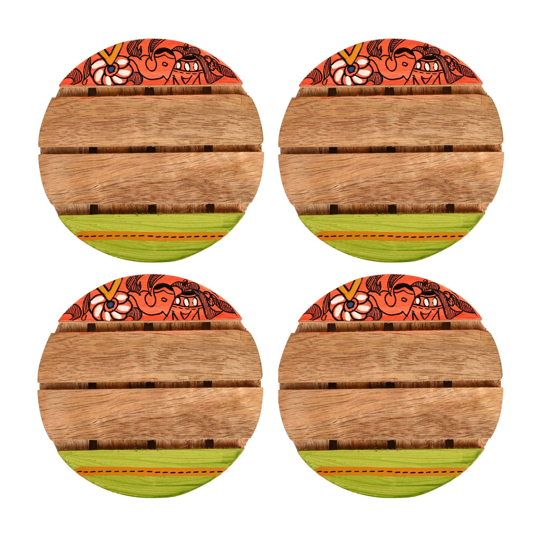 Coaster Round Wooden Handcrafted with Madhubani Art (Set of 4) (4x4")